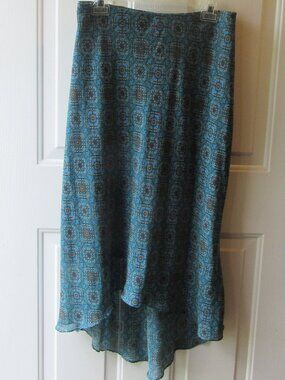 First Option high-low sheer skirt w. lining; size M; mosaic print blues & brown